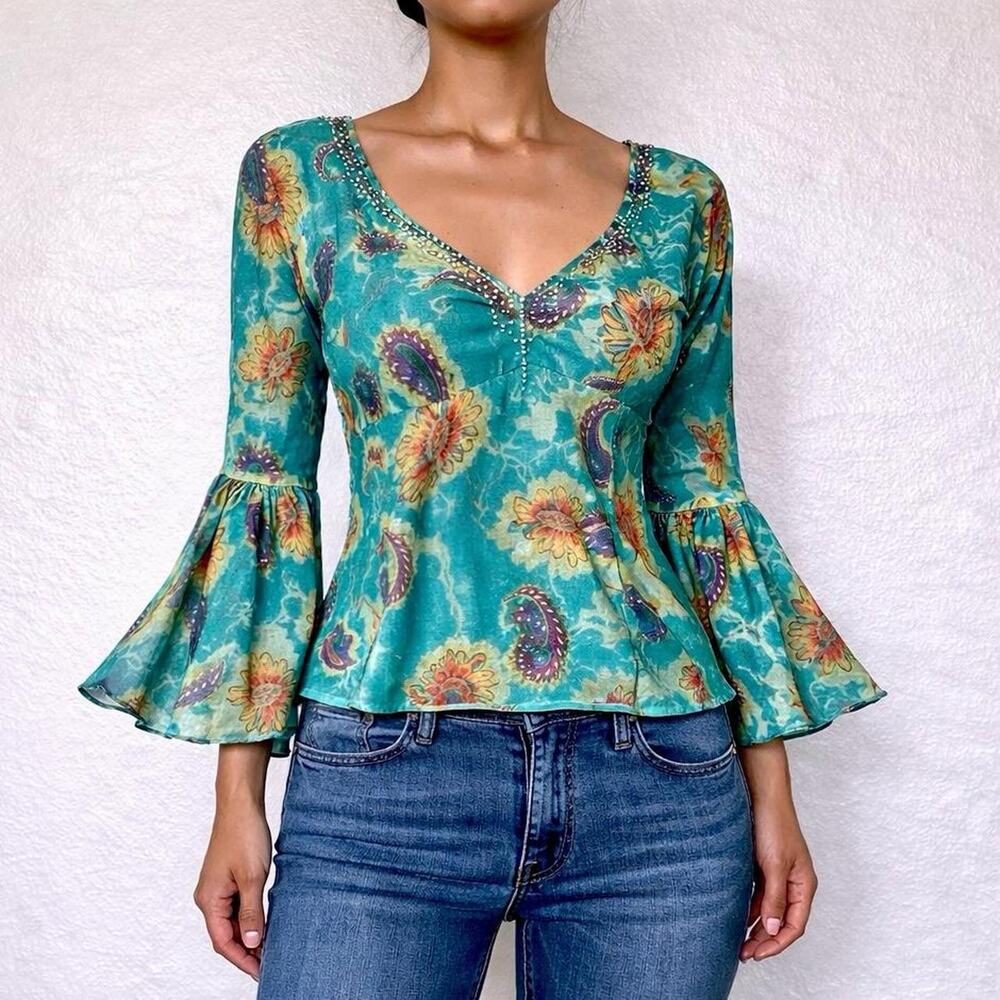 Vintage Y2K 100 Silk Teal Paisley Bell Sleeve Boho Fairy Blouse Size 2XL